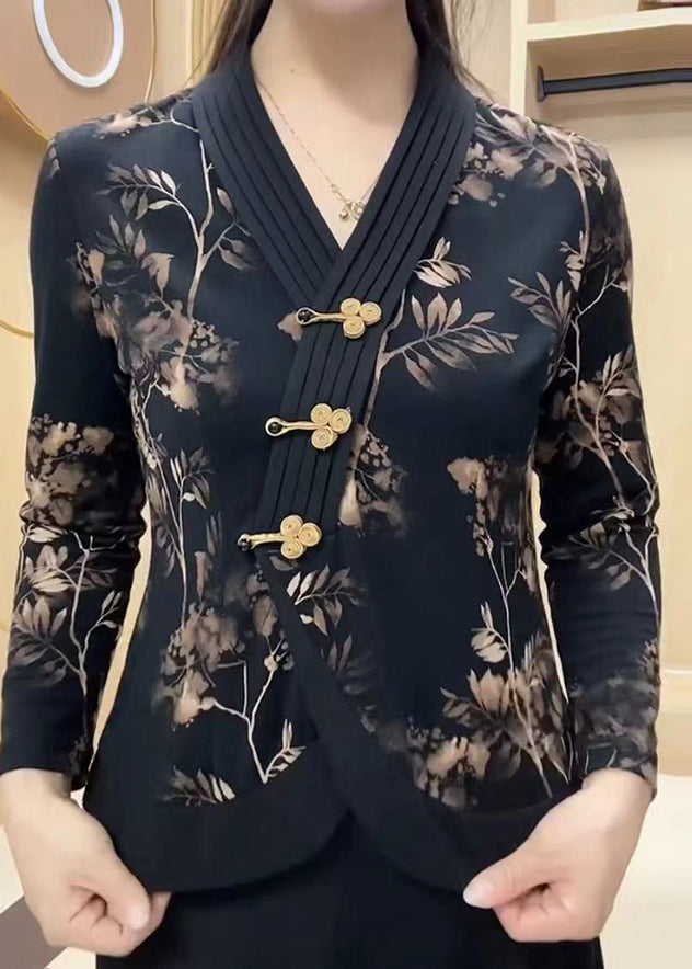 Black V Neck Print Chinese Button Cotton Top Spring