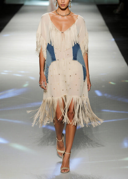 Beige Tasseled Patchwork Chiffon Vacation Dress Summer