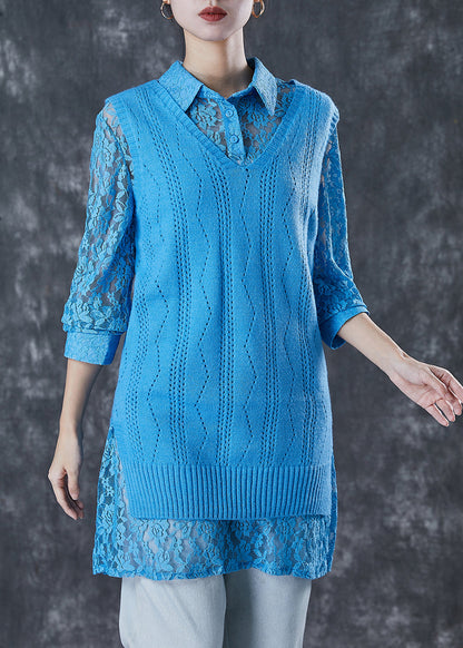 Blue Hollow Out Knit Vest and Lace Shirt Two Piece Set Spring