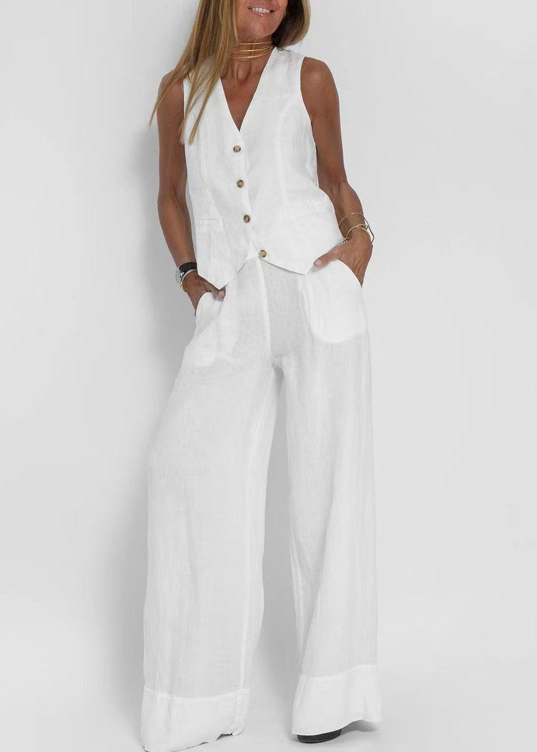 Loose Green V Neck Button Waistcoat and Pants Linen Two Piece Set Sleeveless