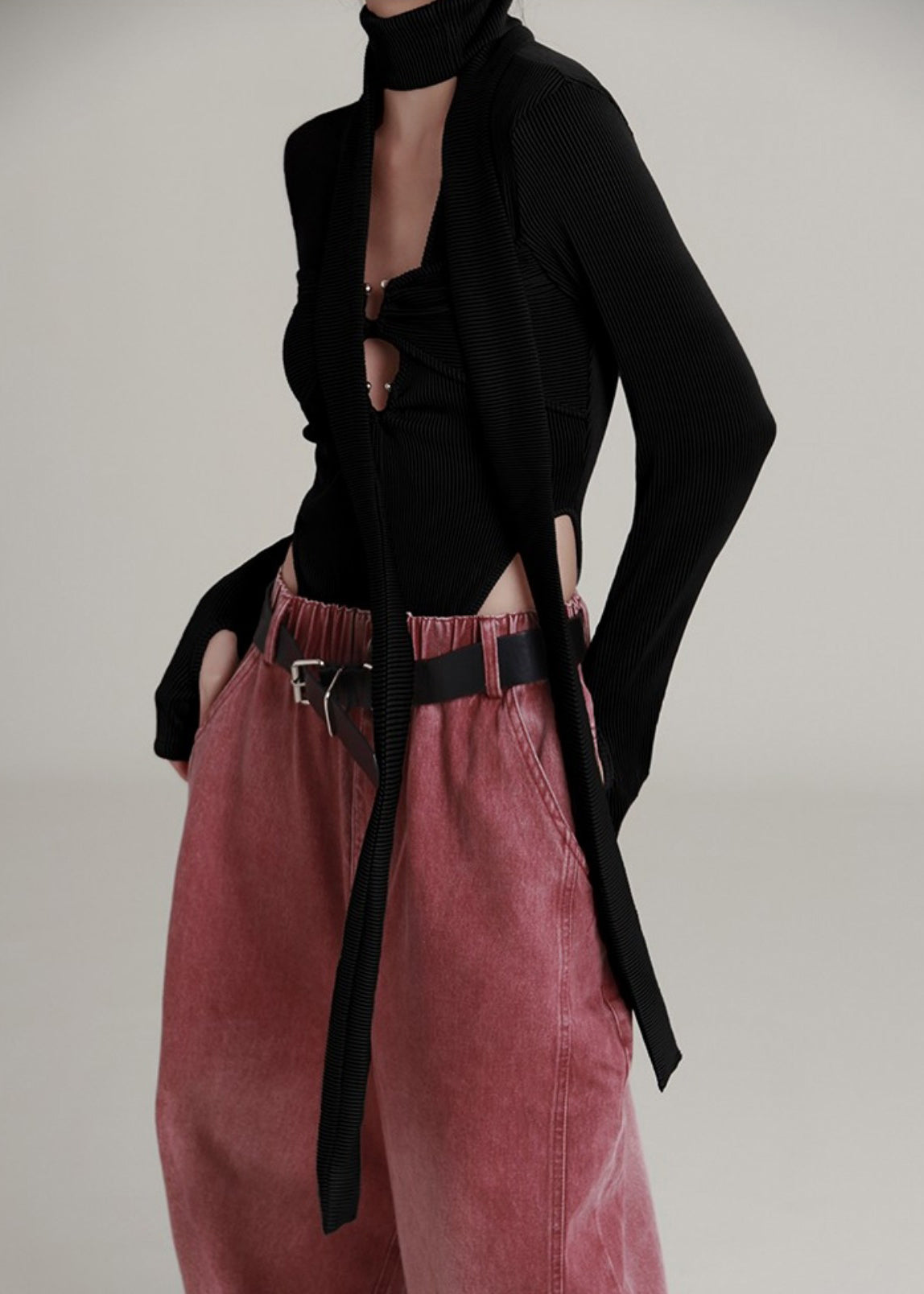 Black U Neck Hollow Out Knit Jumpsuit Long Sleeve