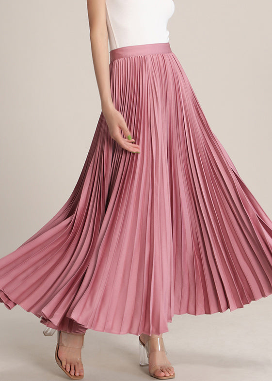 Pink High Waist Silk Pleated Skirt Zippered Summer