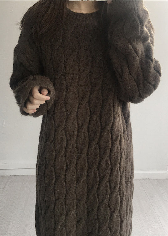 Loose Apricot O-neck Cozy Thick Cashmere Long Knit Sweater Dress Winter