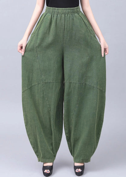 New Green Pockets Elastic Waist Cotton Pants Summer
