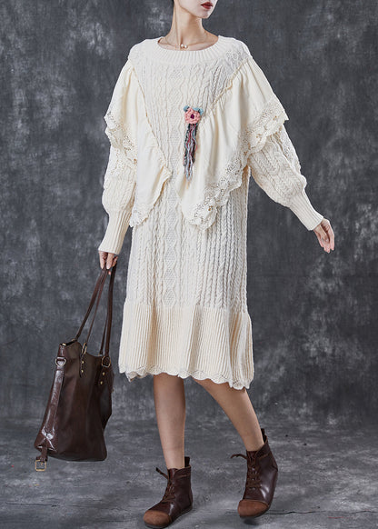 French Apricot Ruffleds Patchwork Knit Sweater Dress Winter