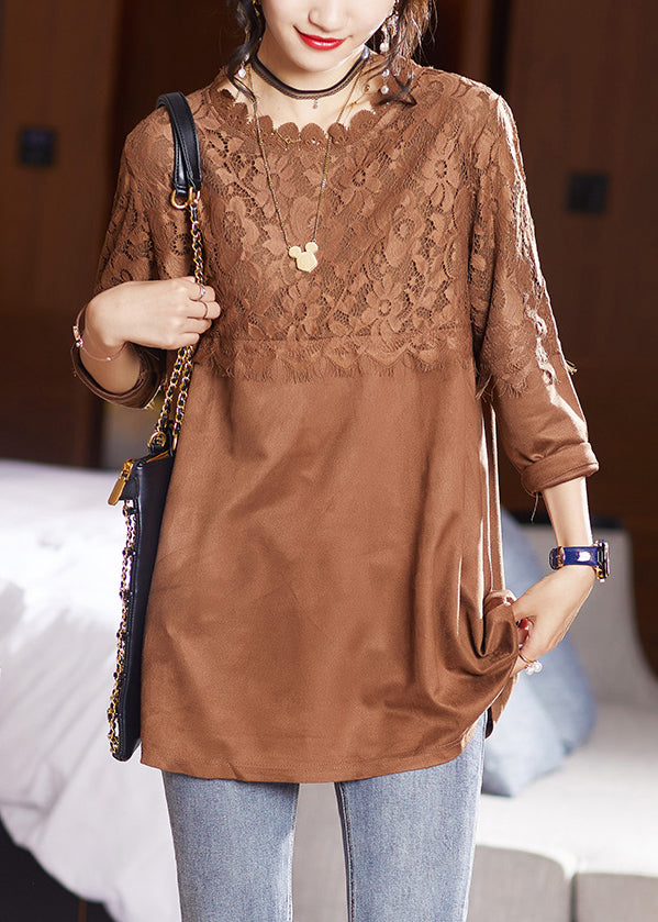 Coffee O Neck Lace Patchwork Top Long Sleeve