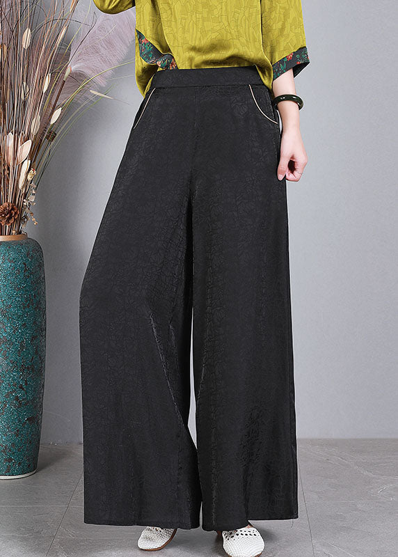 Green Elastic Waist Pockets Wrinkled Silk Wide Leg Pants Summer
