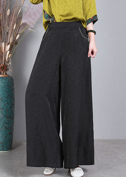 Green Elastic Waist Pockets Wrinkled Silk Wide Leg Pants Summer