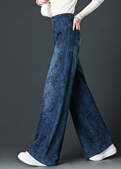 Blue Pockets Print High Waist Wide Leg Jeans Fall