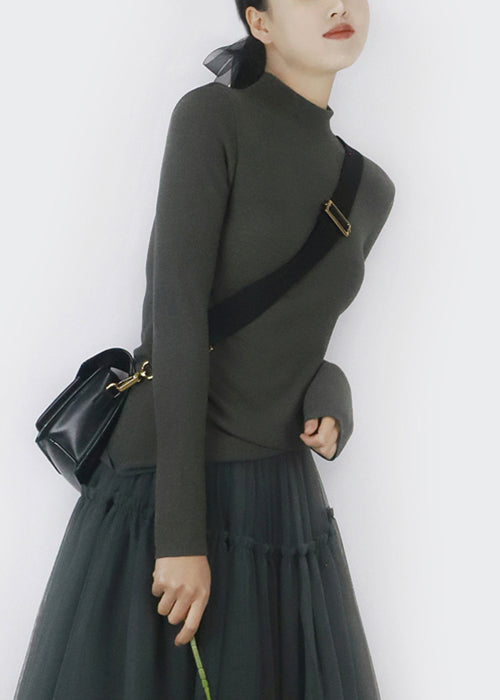 Simple Smoke Grey Turtleneck Thick T Shirts Spring