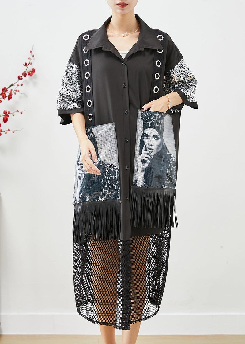 Black Sequins Patchwork Hollow Out Tasseled Maxi Dresses Fall