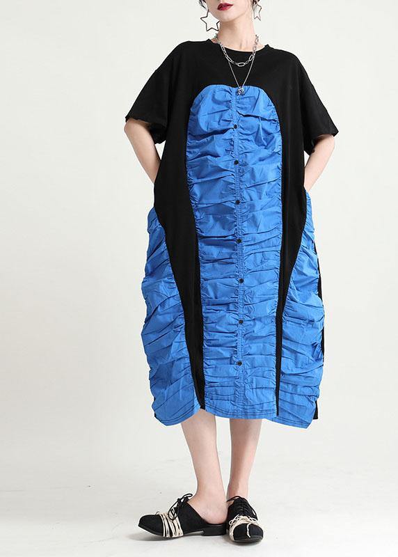 Black Cinched O-neck Patchwork Summer Button Dresses