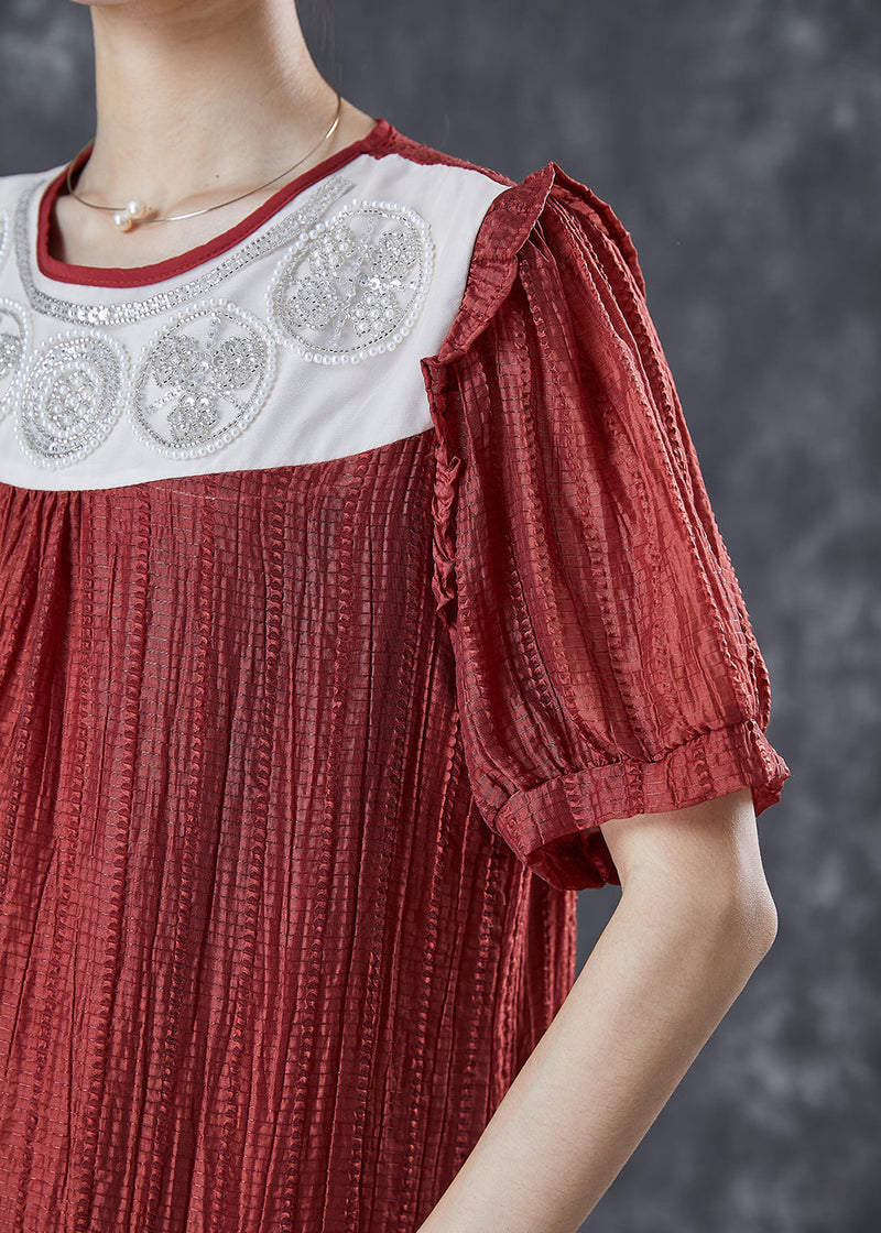 Red Patchwork Wrinkled Silk Dresses Summer