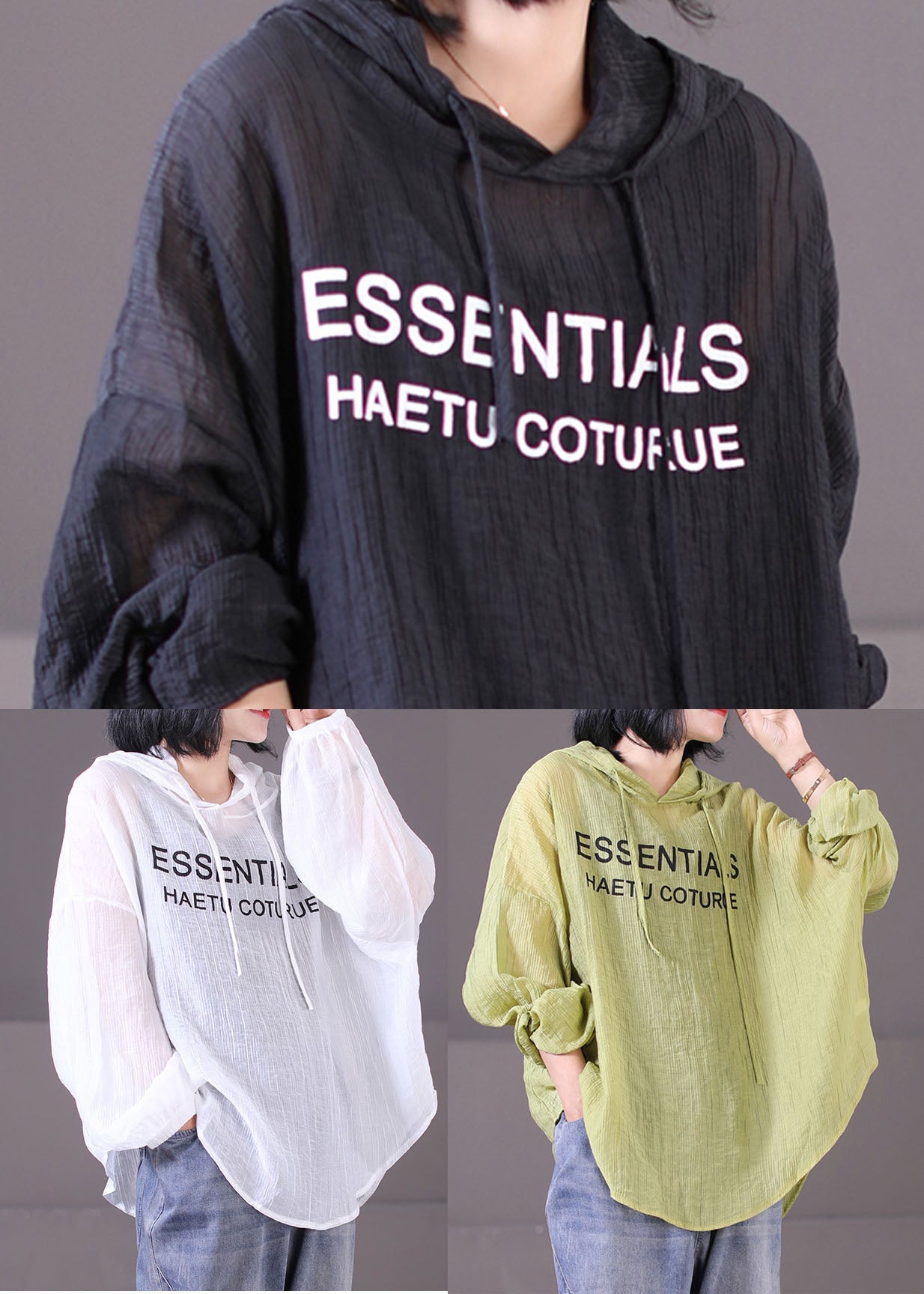 Classy Black Hooded Drawstring Wrinkled Cotton Sweatshirt Long Sleeve