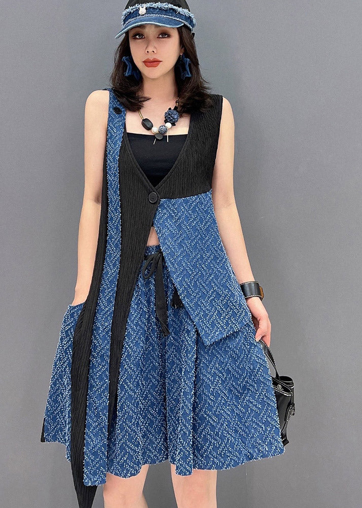 Blue Patchwork Waistcoat and Shorts Two Pieces Set Sleeveless