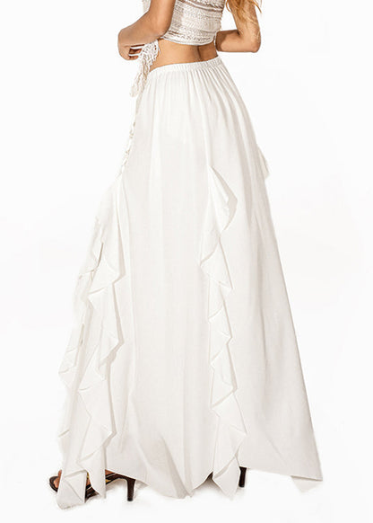 Brief White Ruffled Tie Waist Elastic Waist Maxi Skirt