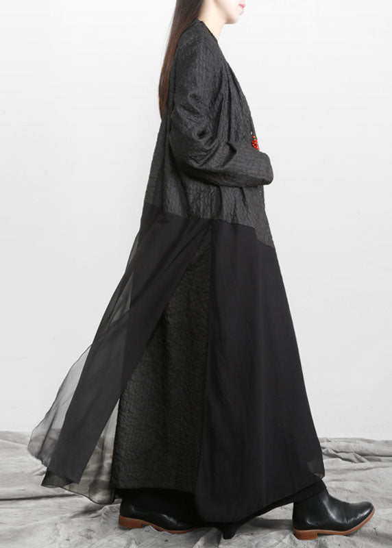 Black Stand Collar Button Patchwork Cotton Loose Coat Fall