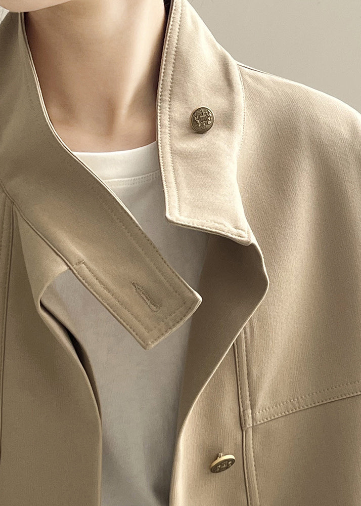 Khaki Stand Collar Drawstring Cotton Coat Outwear Fall