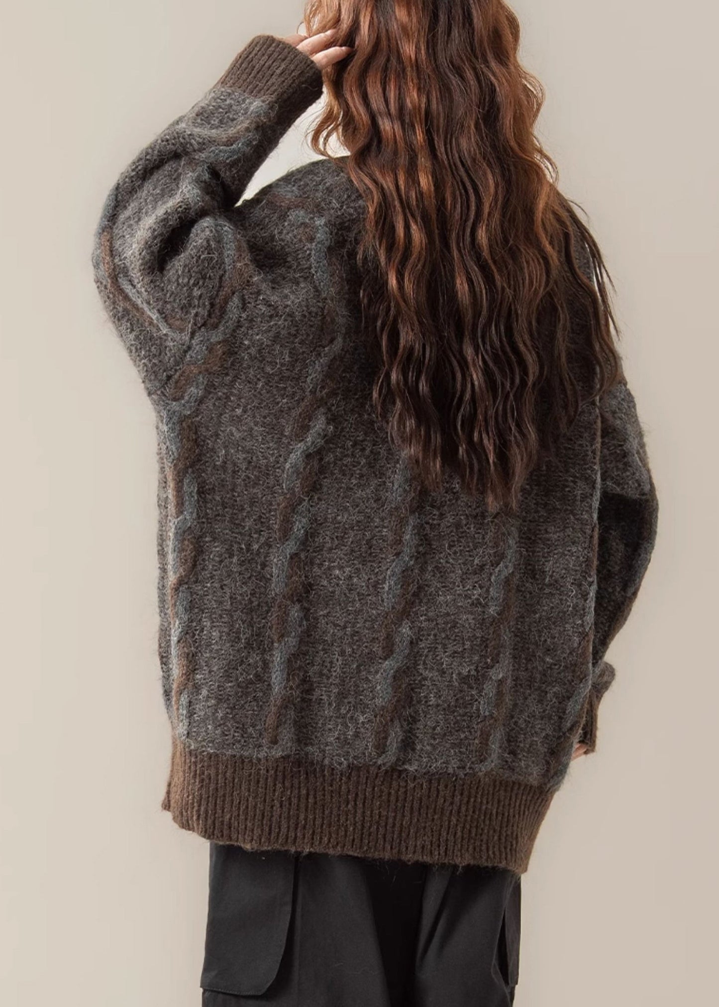 Coffee Button Pockets Patchwork Oversized Knit Coat V Neck