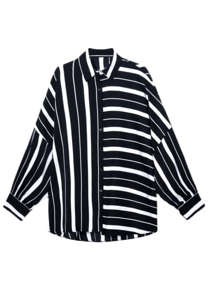 Unique Black White Striped Asymmetrical Design Fall Blouses Long Sleeve