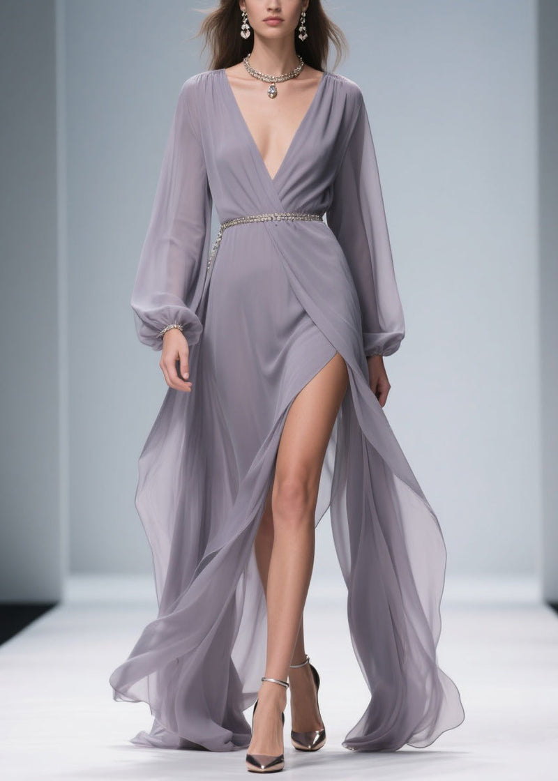 Light Purple Wrinkled Side Open Chiffon Ankle Dress V Neck