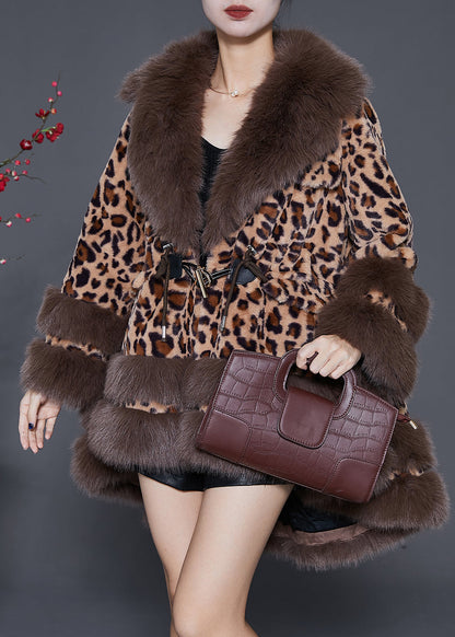 Leopard Print Faux Leather and Fur Coats Oversized Drawstring Winter