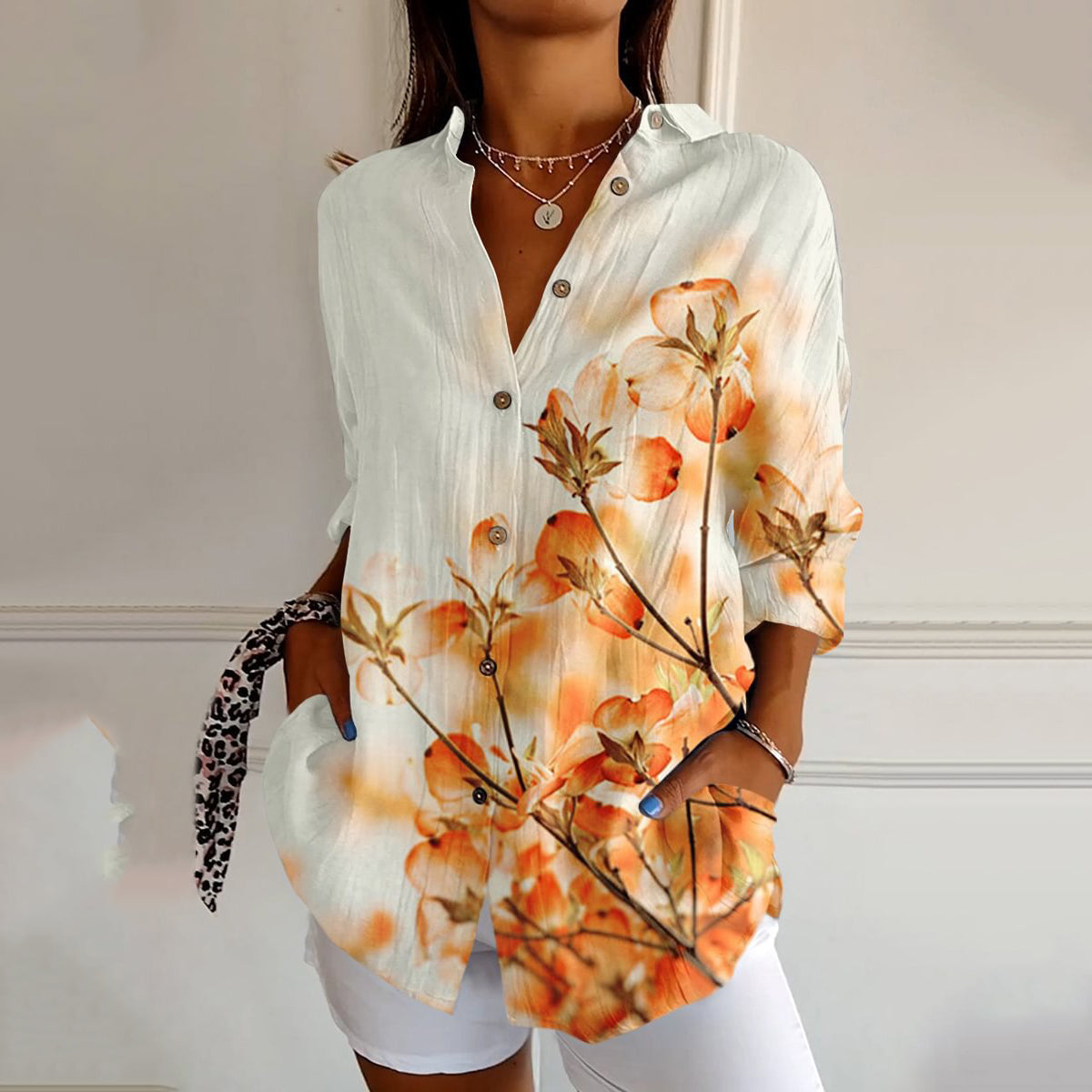 Comstylish Autumn Floral Print Long Sleeve Shirt