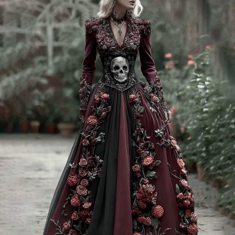 Comstylish Vintage Skull Skeleton And Red Roses Flowy Maxi Dress