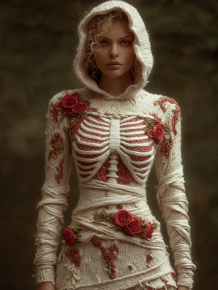 Comstylish Halloween Skeleton&red Rose Elegant Bandage Hoodie Dress