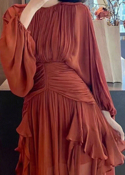 Slim Fit Red O-neck Wrinkled Party Chiffon Maxi Dress Spring