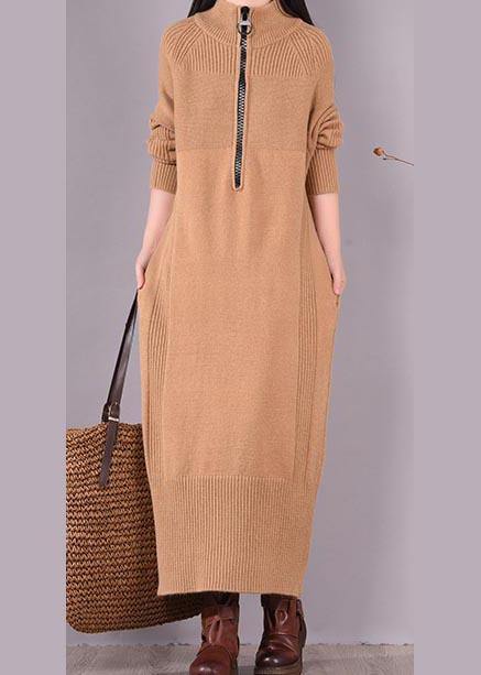 French Khaki Dress Zippered Pockets Dresses Spring Dress