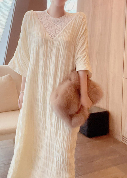 French Apricot O-neck Lace Patchwork Silk Maxi Dresses Long Sleeve Summer