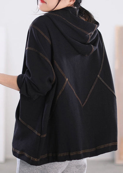 Stylish Black Hooded Pockets Cotton Sweatshirts Top Long Sleeve