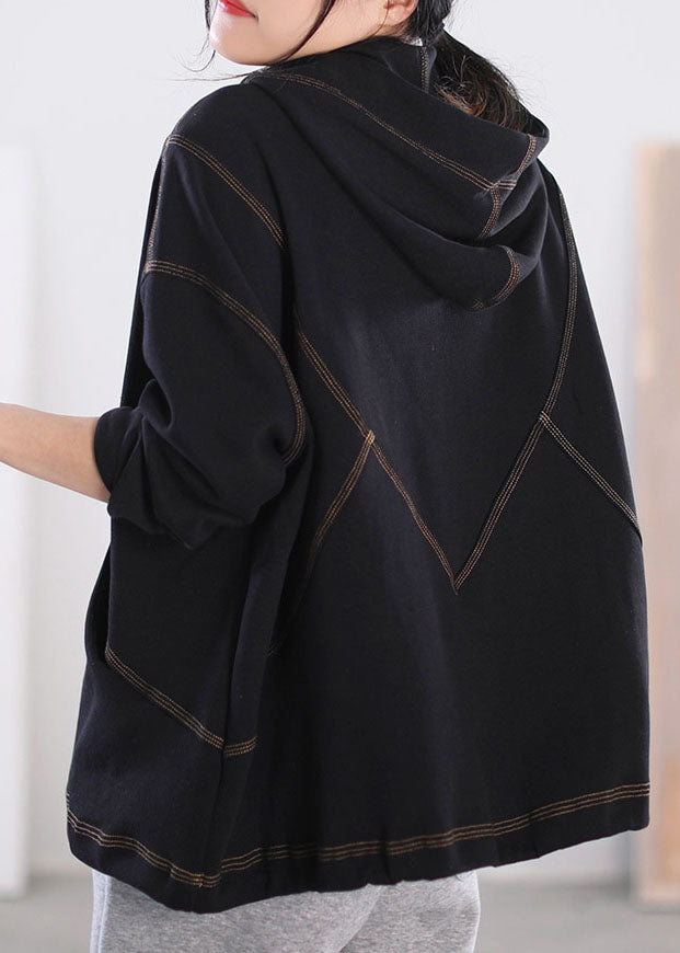 Stylish Black Hooded Pockets Cotton Sweatshirts Top Long Sleeve