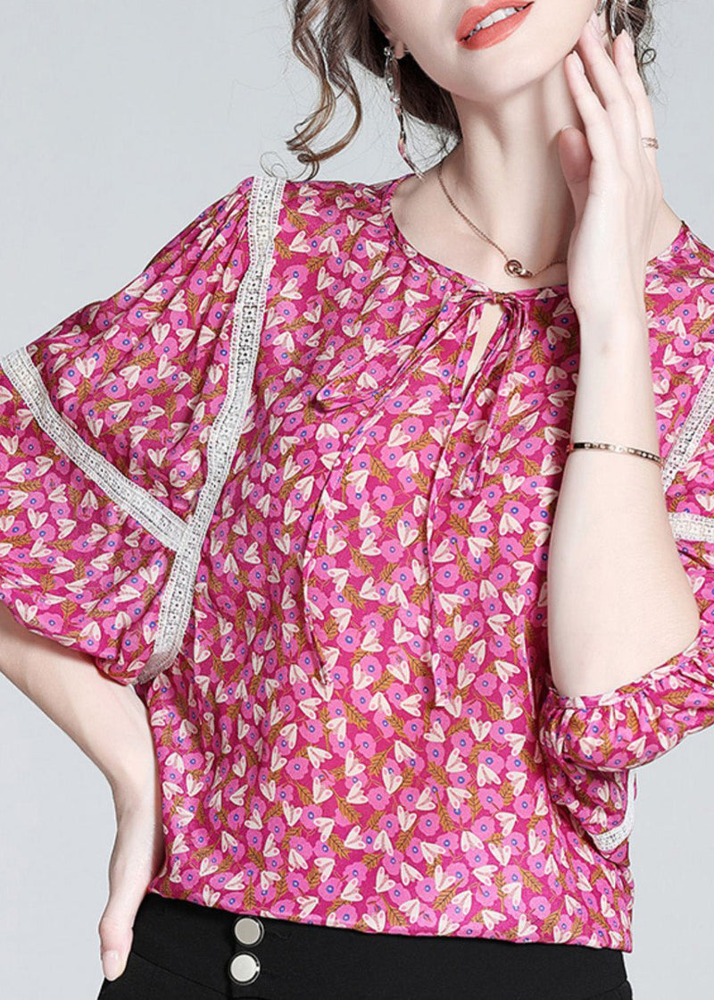 Rose O-neck Print Neck Tie Silk Tops Short Sleeve