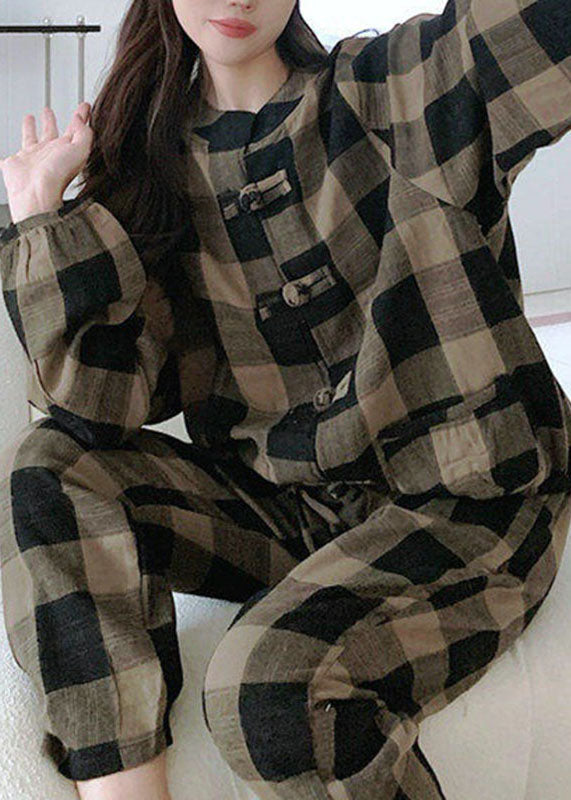 Deep Chocolate Plaid Warm Fleece Two Piece Outfit O-neck Button Spring