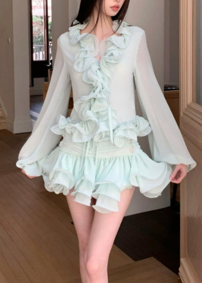 Slim Fit Light Green V Neck Ruffled Chiffon Shirt and Skirts Two Pieces Set Fall