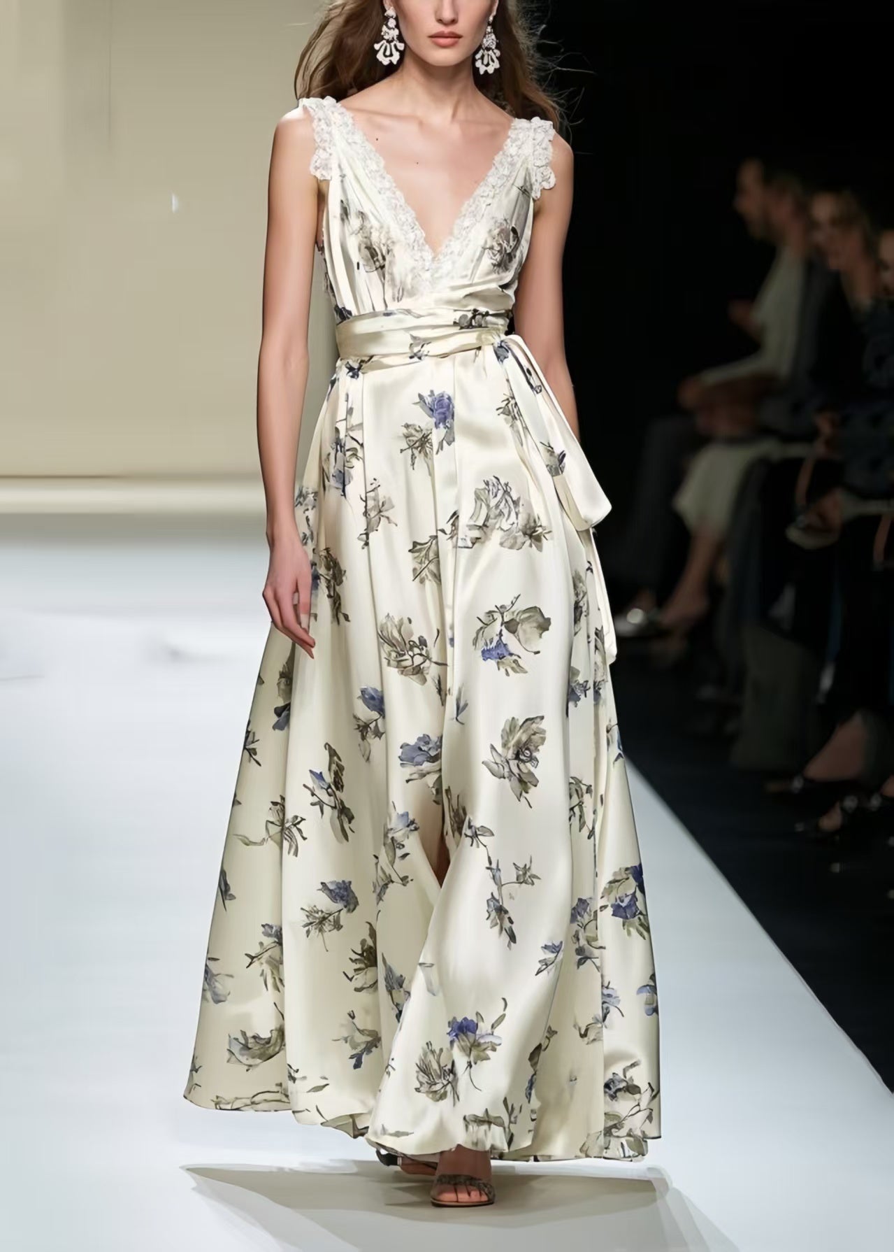 Champagne Print Exra Large Hem Silk Party Dress Summer