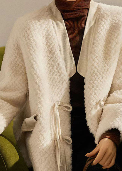Beige Tasseled Chinese Button Patchwork Wool Coats Winter