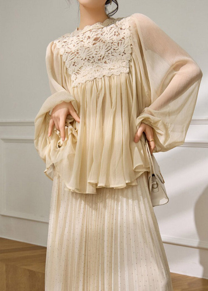 Beige Lace Patchwork Top and a Line Skirts Two Pieces Set Spring