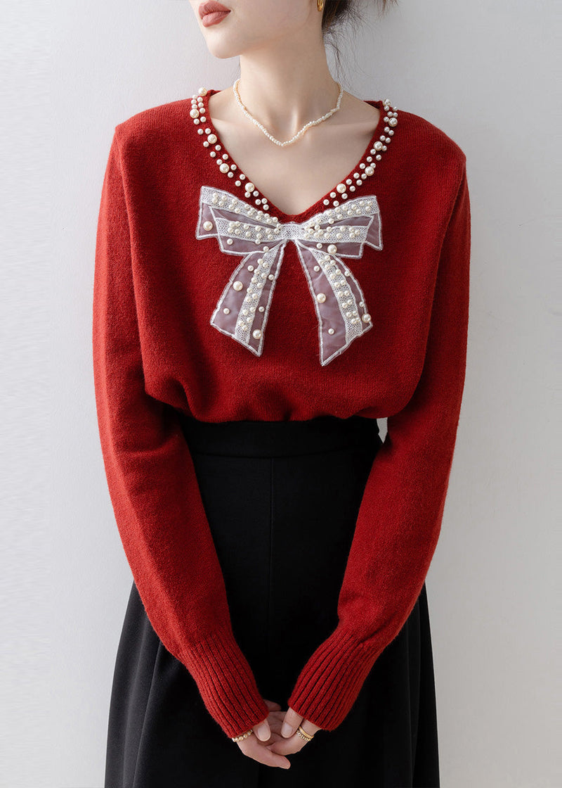 Red Bow Nail Bead Knit Sweaters Winter