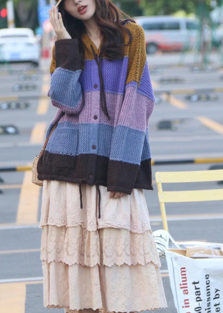 Simple Purple Button Pockets Patchwork Fall Drawstring Knit Sweaters