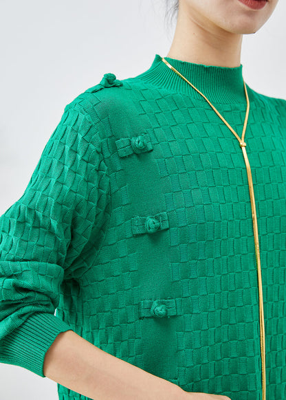 Green Plaid Chinese Button Knitwear Dress Winter