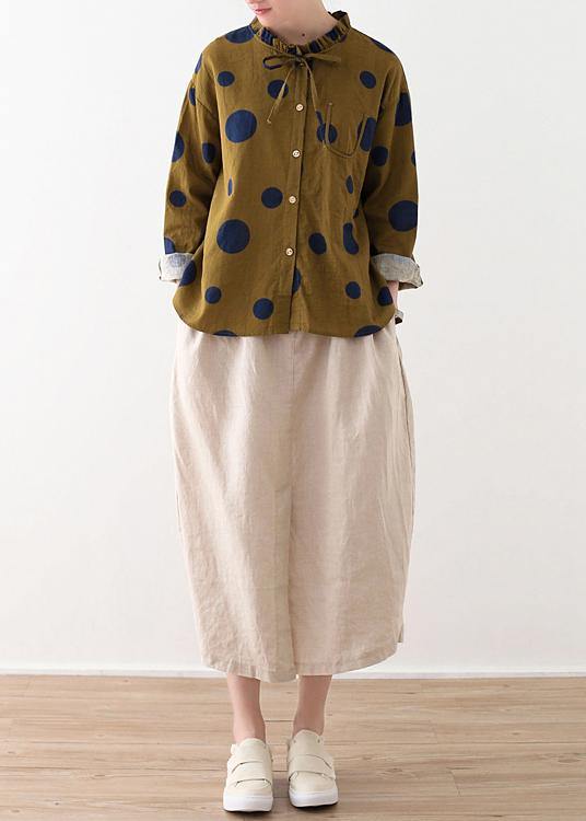 Spring Yellow Literature and Art Linen Ruffled Collar Top