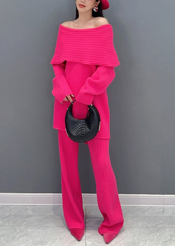 Italian Rose Slash Neck Tops and Pants Knit Two Pieces Set Spring