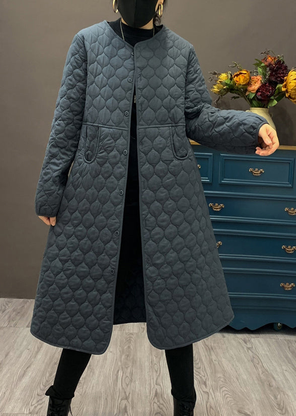 Beige O Neck Pockets Fine Cotton Filled Coat Winter