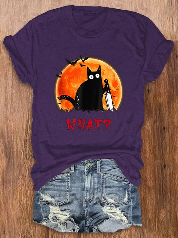 Comstylish Women's Halloween Fun Black Cat Print Crew Neck T-Shirt