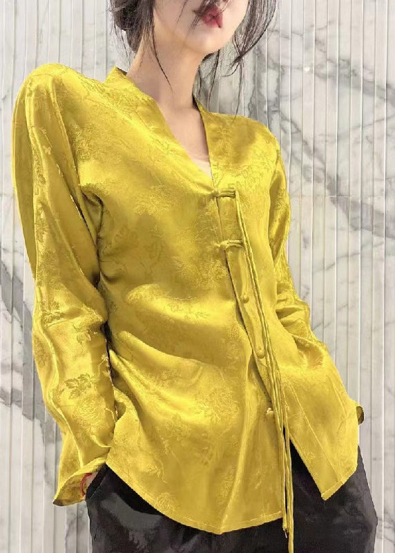 Chinese Style Yellow V Neck Jacquard Silk Shirt Tops Long Sleeve