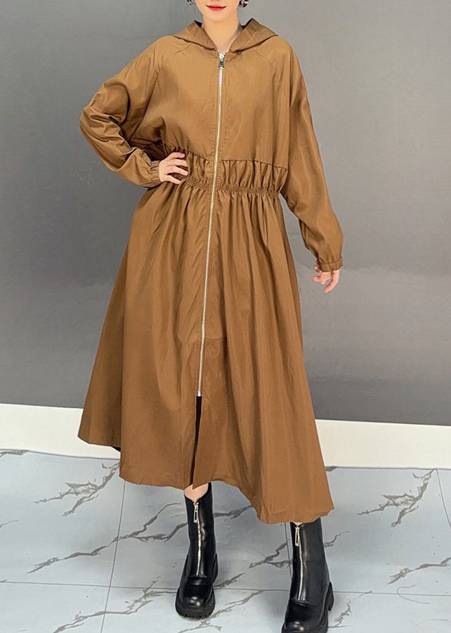 Choco Wrinkled Zippered Maxi Hooded Trench Coat Fall