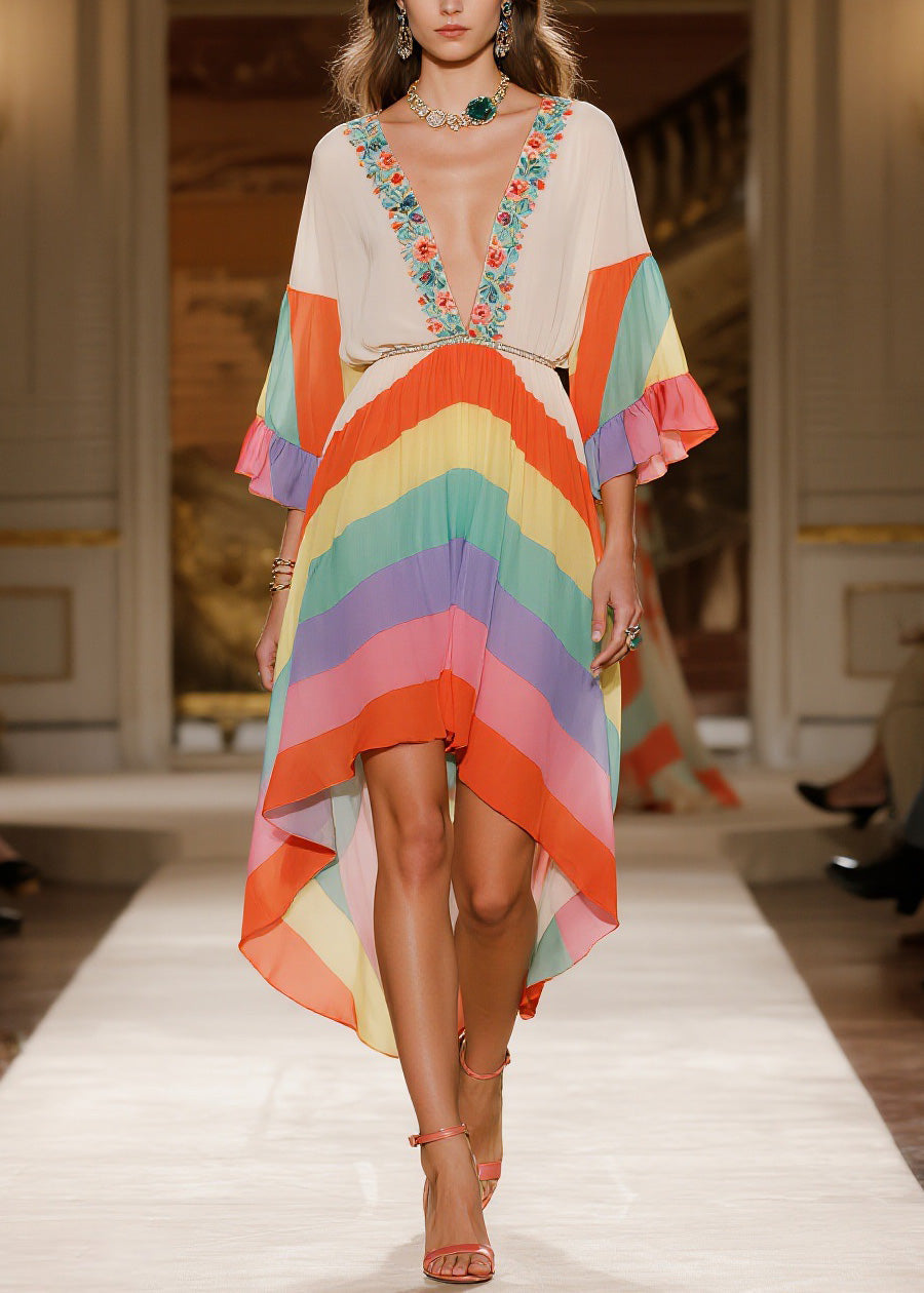 V Neck Print Low High Design Chiffon Dress Summer